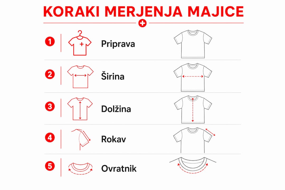 Prikaz postopka merjenja majice v slikah