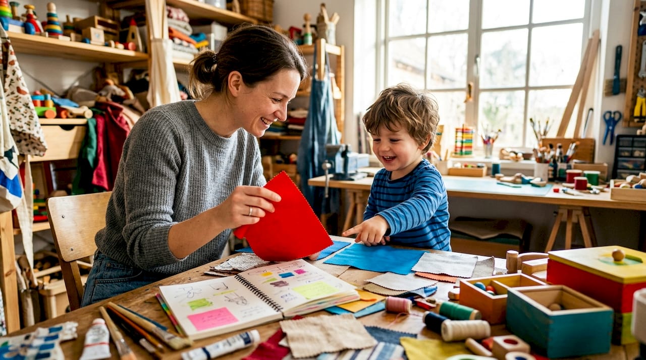Gemeinsam stöbern Mutter und Sohn durch verschiedene Stofffarben und entscheiden sich für ihre Favoriten.