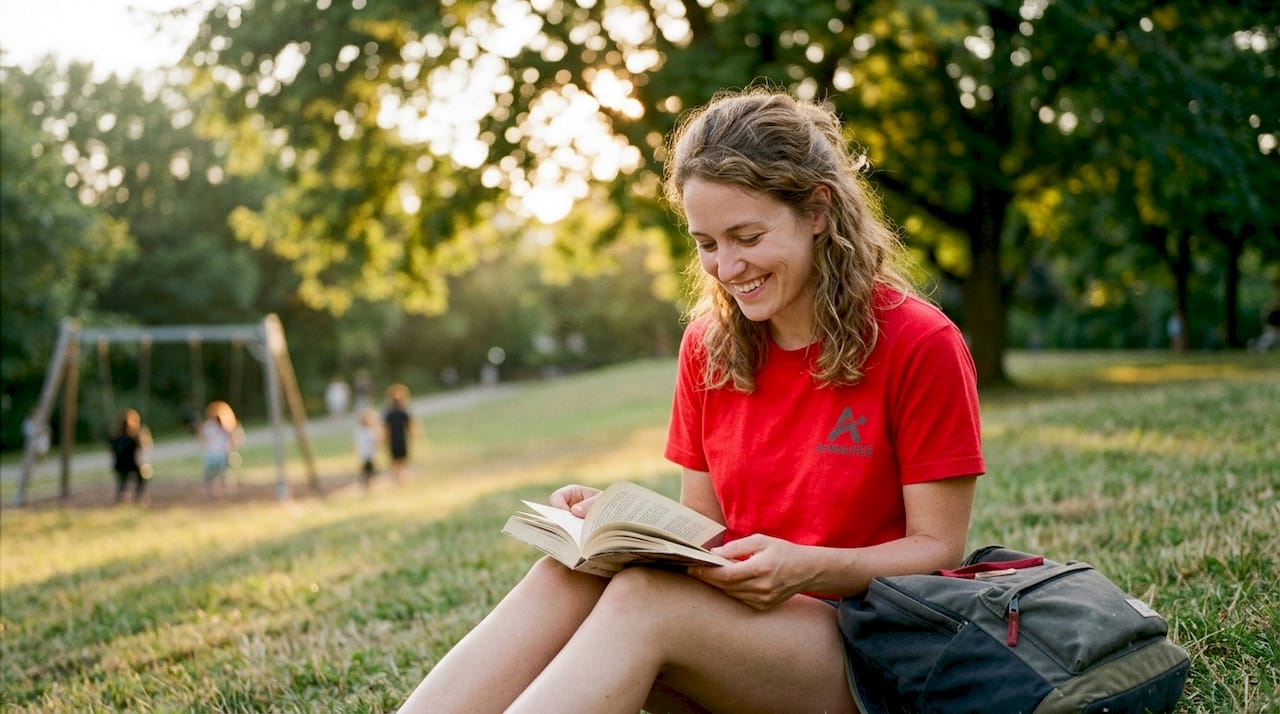 Eine junge Frau spaziert im Park und trägt dabei ein angesagtes Marken-T-Shirt.