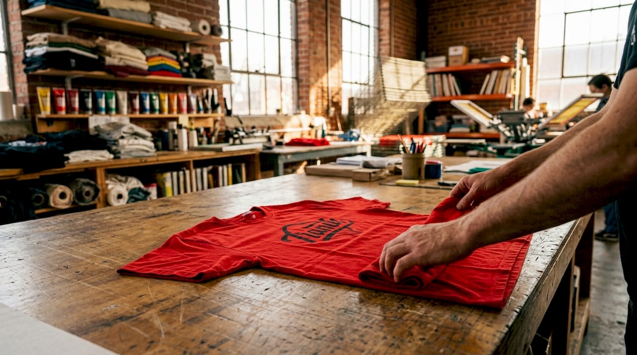 Detailaufnahme: Hände legen ein Werbe-T-Shirt ordentlich zusammen