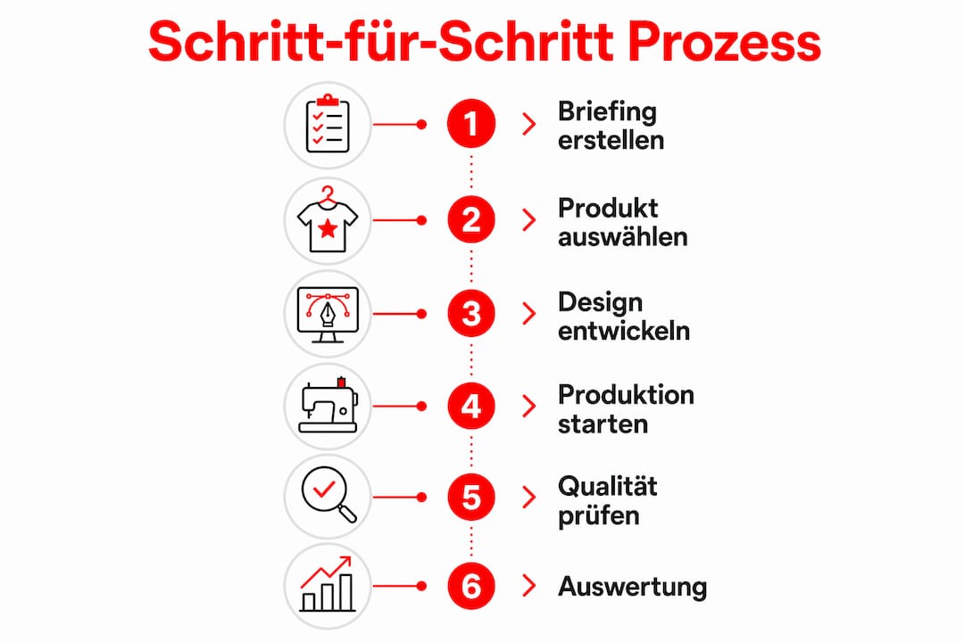 Schritt-für-Schritt-Anleitung: So entstehen Werbeartikel – anschaulich in einer Infografik dargestellt.