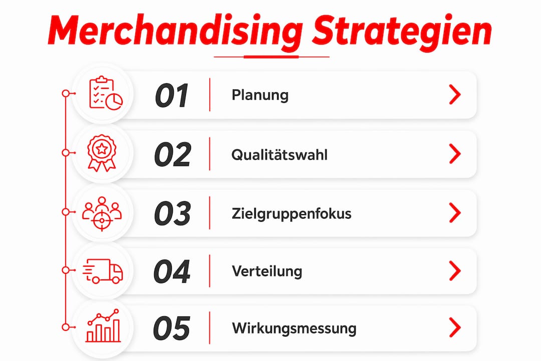 Die Infografik veranschaulicht die einzelnen Schritte einer erfolgreichen Merchandising-Strategie.