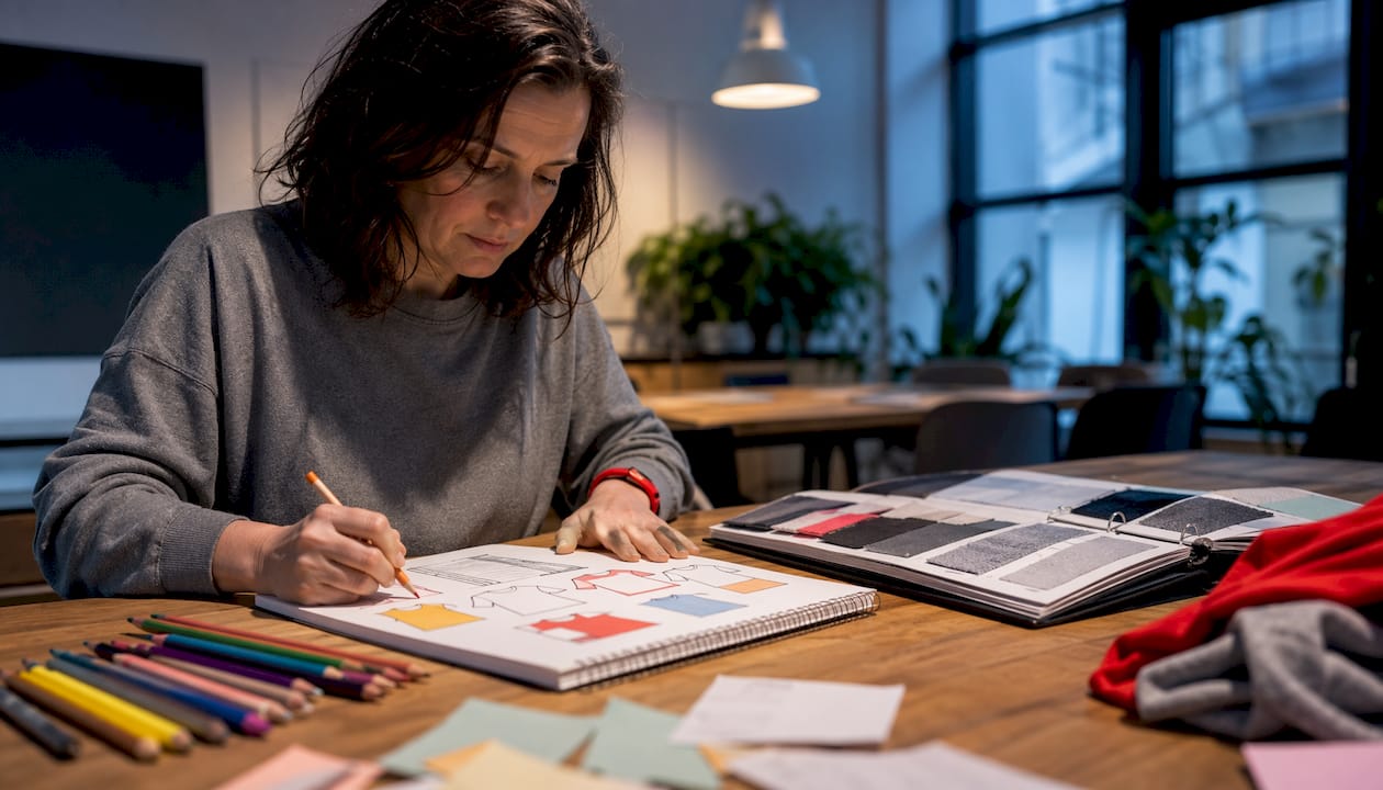 Im Atelier entwirft eine Designerin neue T-Shirt-Motive und bringt ihre Ideen aufs Papier.