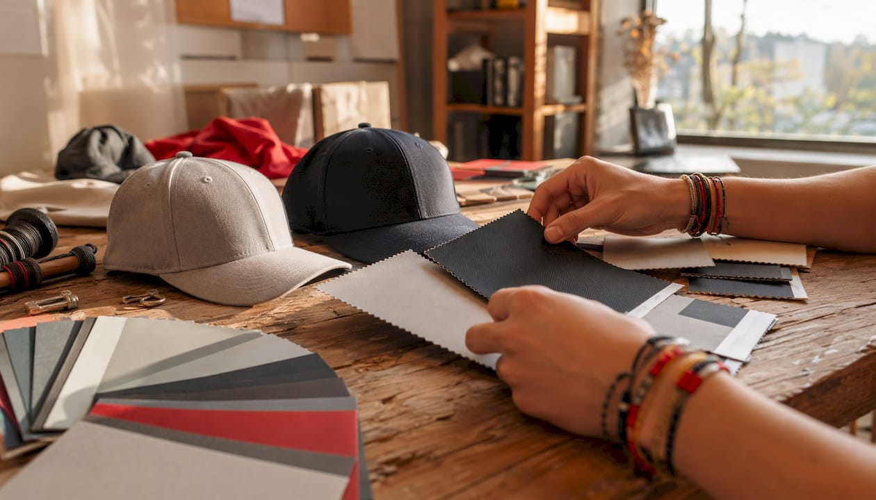 Mit den Händen verschiedene Muster von Kappenmaterial miteinander vergleichen