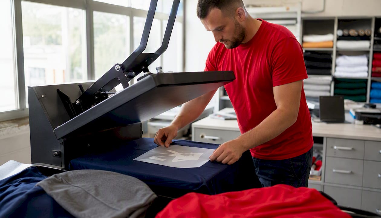 Mit den Händen wird eine Flexfolie sorgfältig auf das Sporttrikot positioniert und anschließend unter die Transferpresse gelegt.