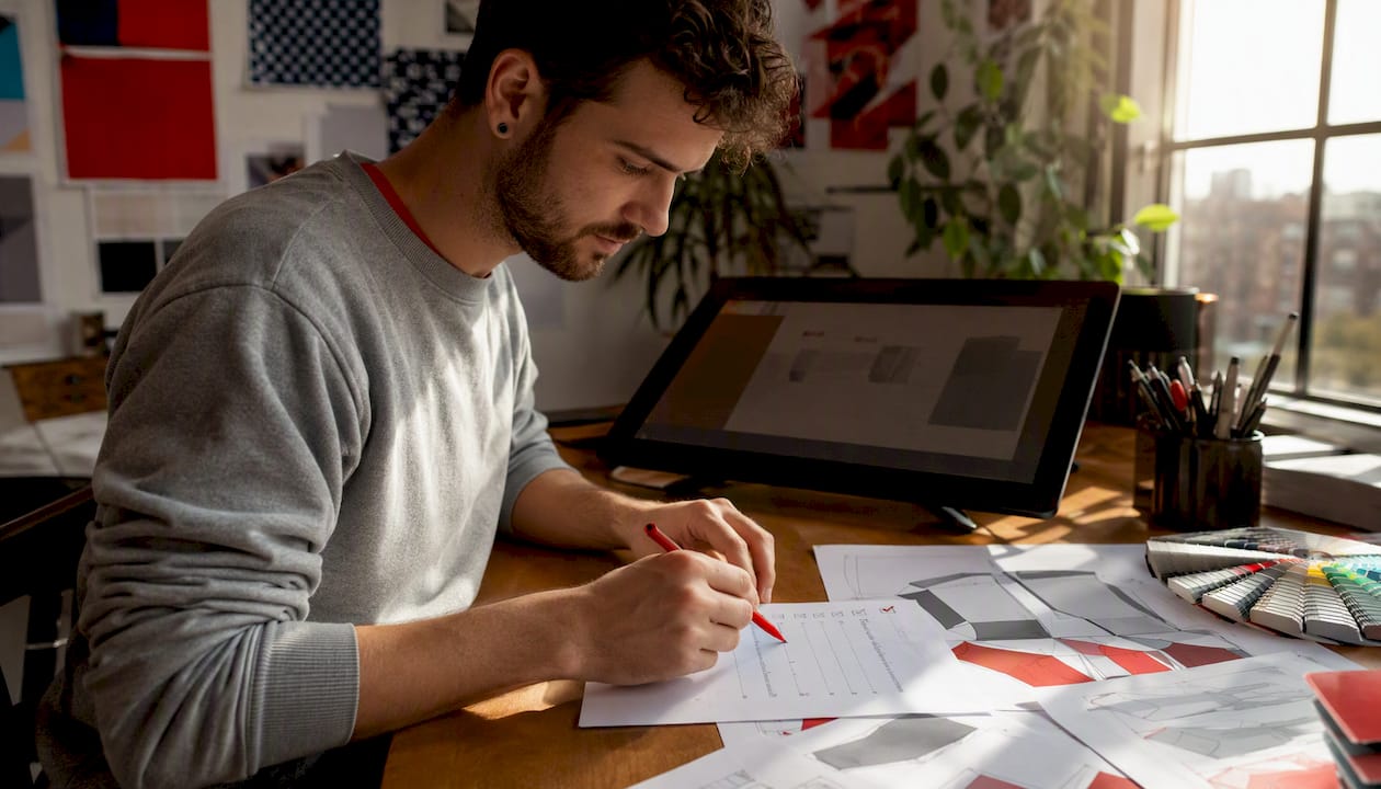 Ein Designer überprüft die Druckdaten für Flexdruck direkt auf dem Tablet.