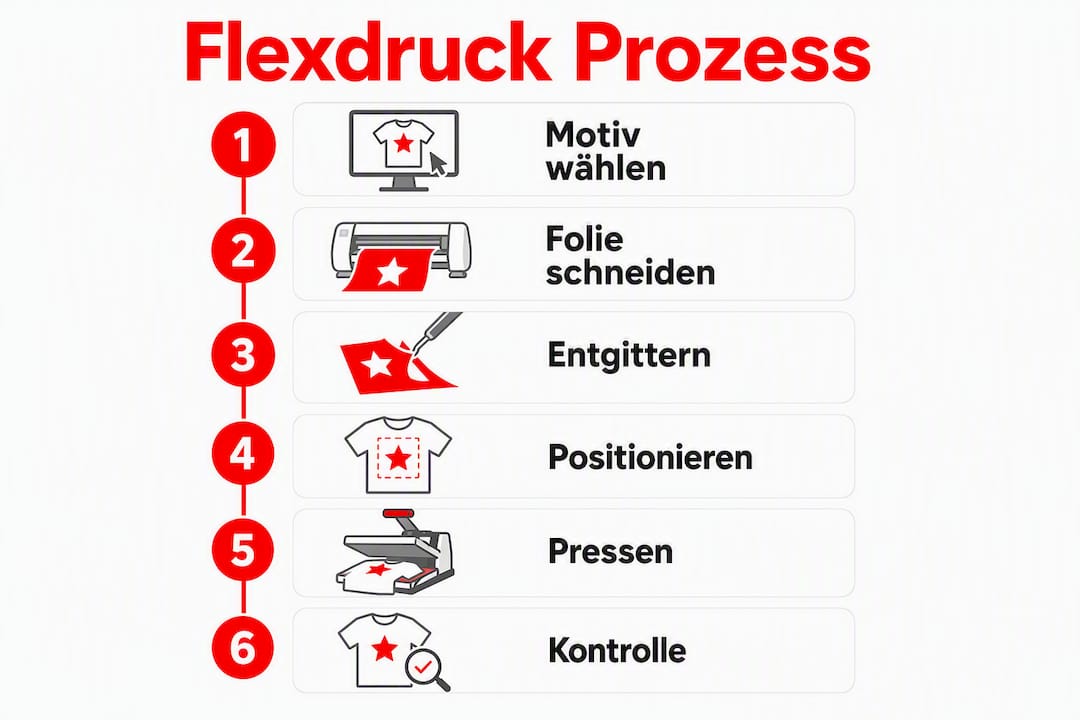 Die Infografik veranschaulicht den Ablauf des Flexdrucks Schritt für Schritt.