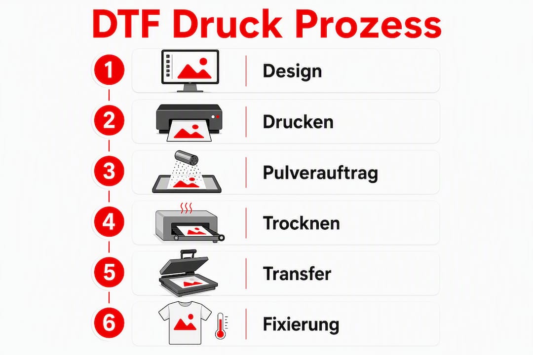 Die Infografik veranschaulicht die sechs einzelnen Schritte im DTF-Druckverfahren.