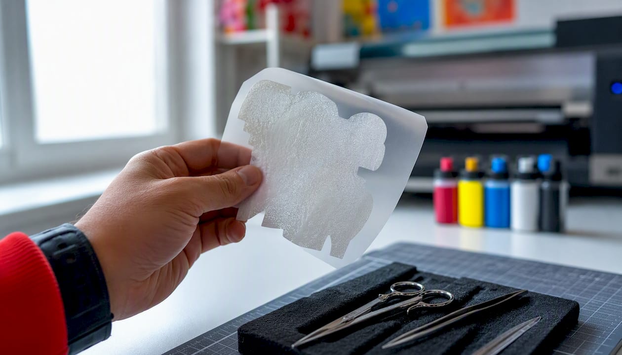 Ein Hand hält ein DTF-Transferpapier, das bereits mit Klebepulver bestreut ist.