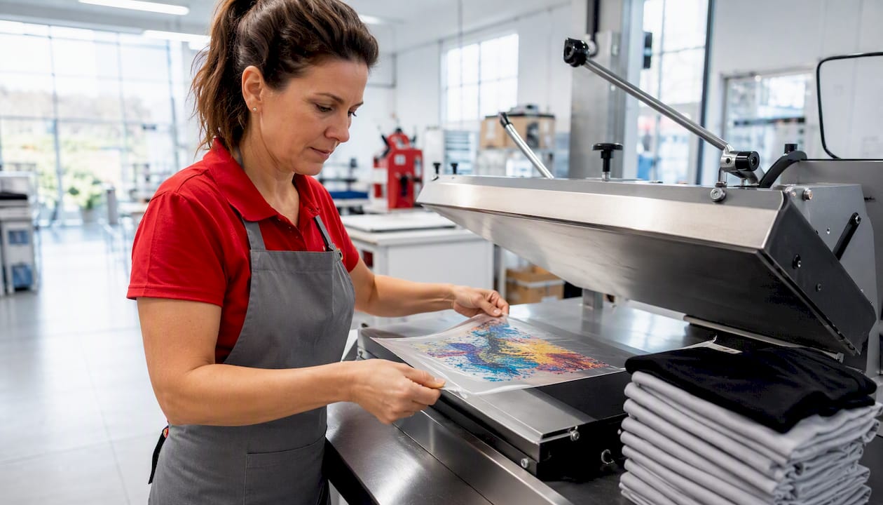 Eine erfahrene Fachkraft presst das DTF-Transfermotiv mithilfe einer Hitzepresse dauerhaft auf das Textil.