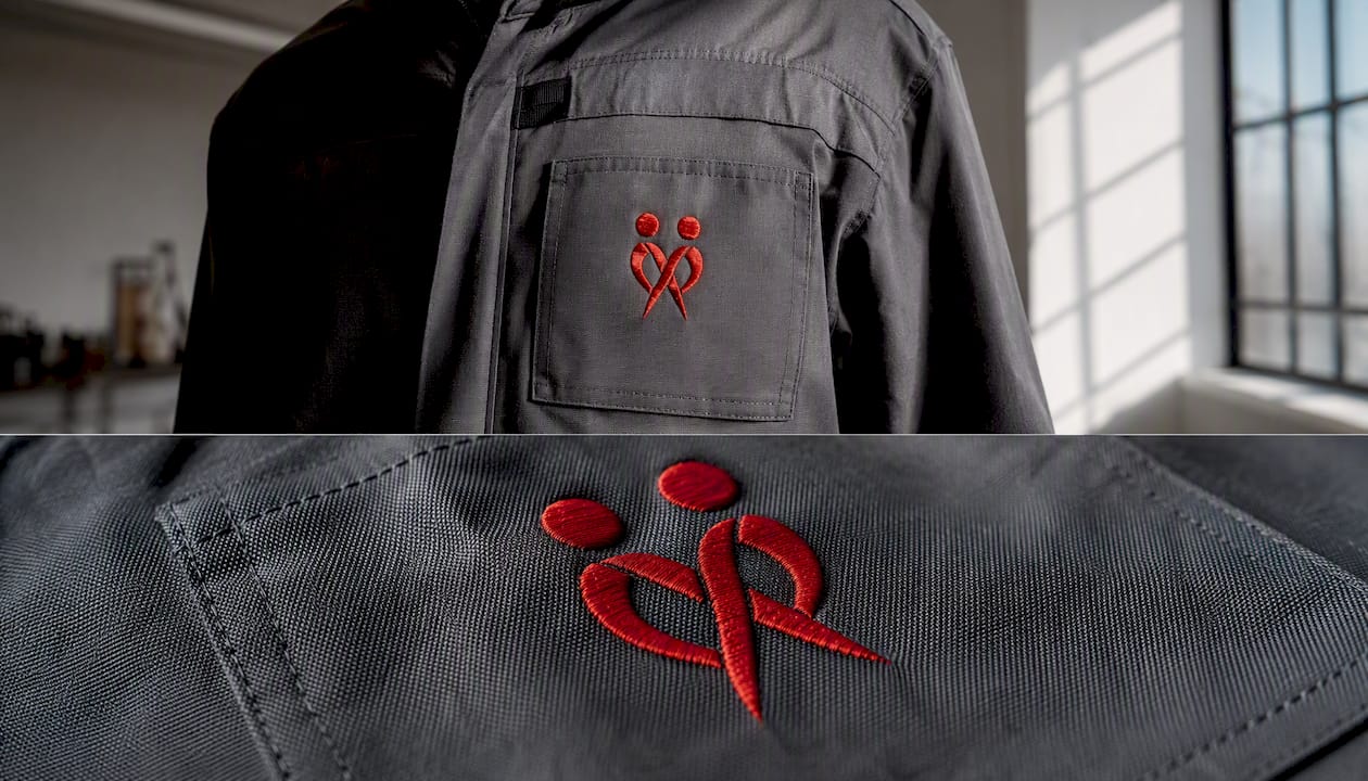 Povečan pogled na izvezen logotip na uniformi prostovoljca.
