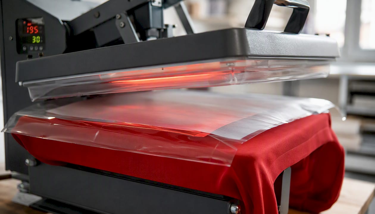 Nahaufnahme: Transferpapier wird mithilfe einer Thermopresse auf Polyesterstoff aufgebracht.