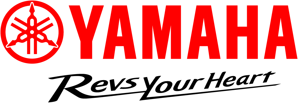 Yamaha logo with red text and tuning forks symbol inside a red circle.