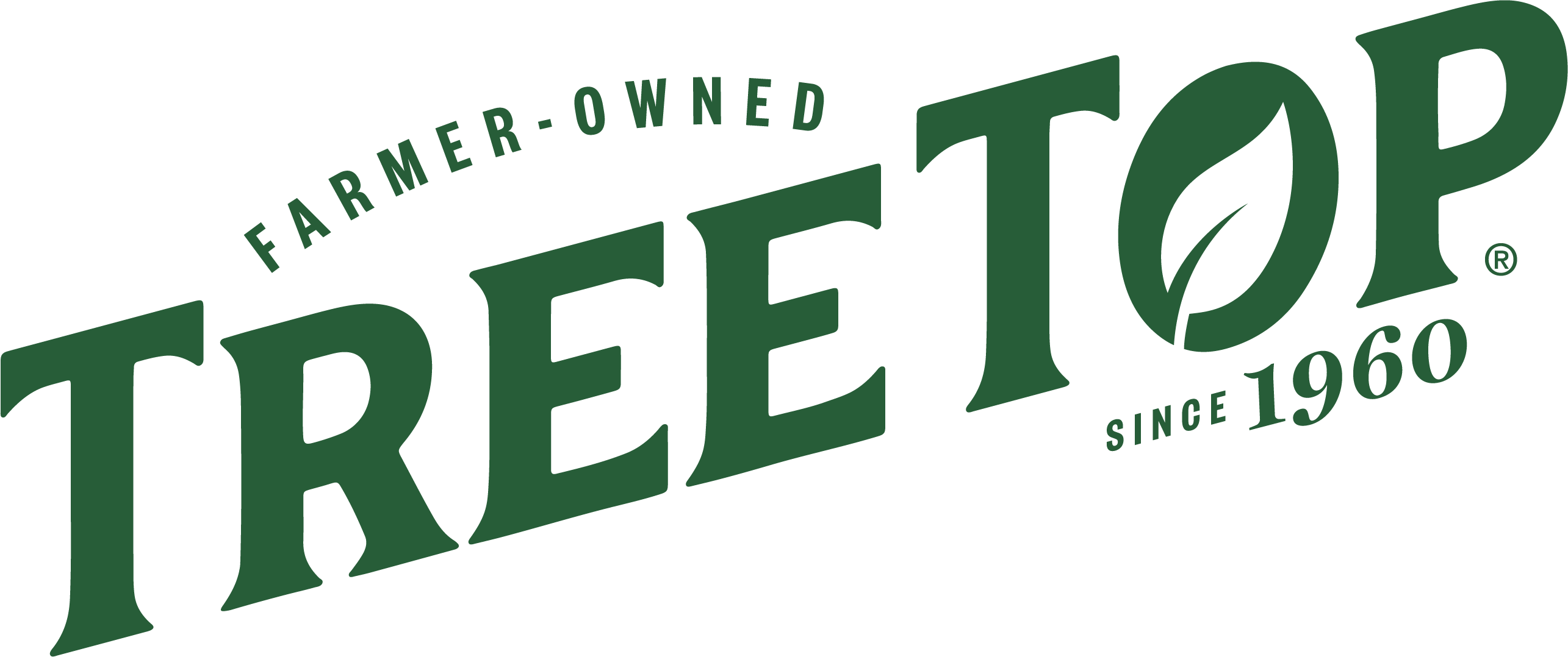 Tree Top logo with a leaf inside the letter O, stating farmer-owned since 1960.