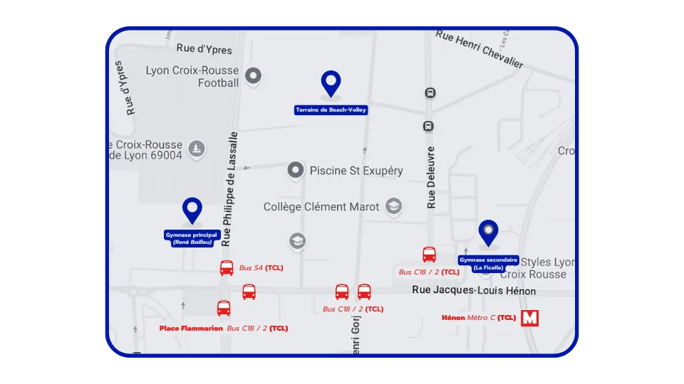 Plan des sites du club PESD – gymnases et terrains de beach à Lyon