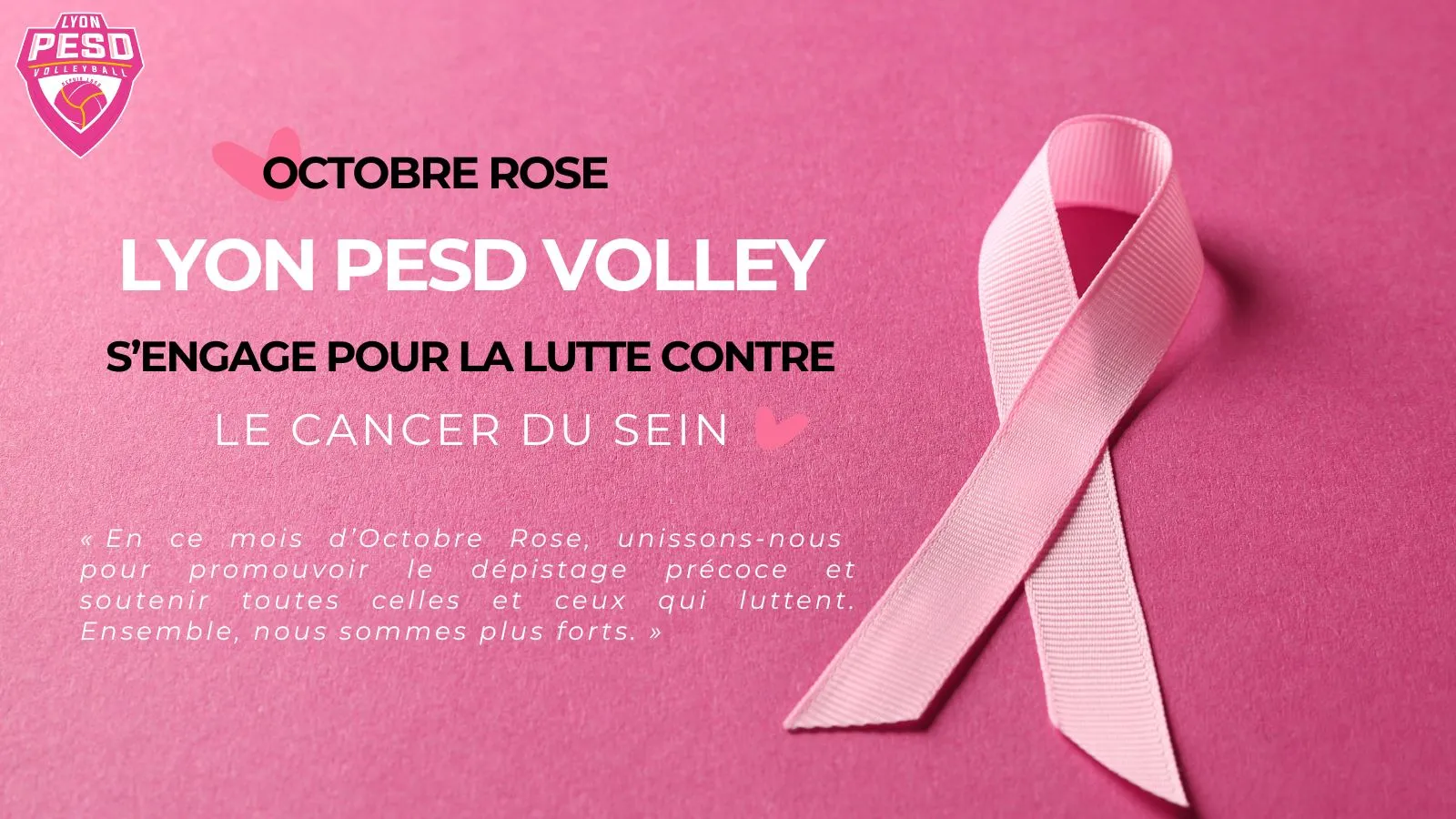Bannière Octobre Rose du club PESD Volley à Lyon, avec logo, ruban rose et message de soutien à la lutte contre le cancer du sein