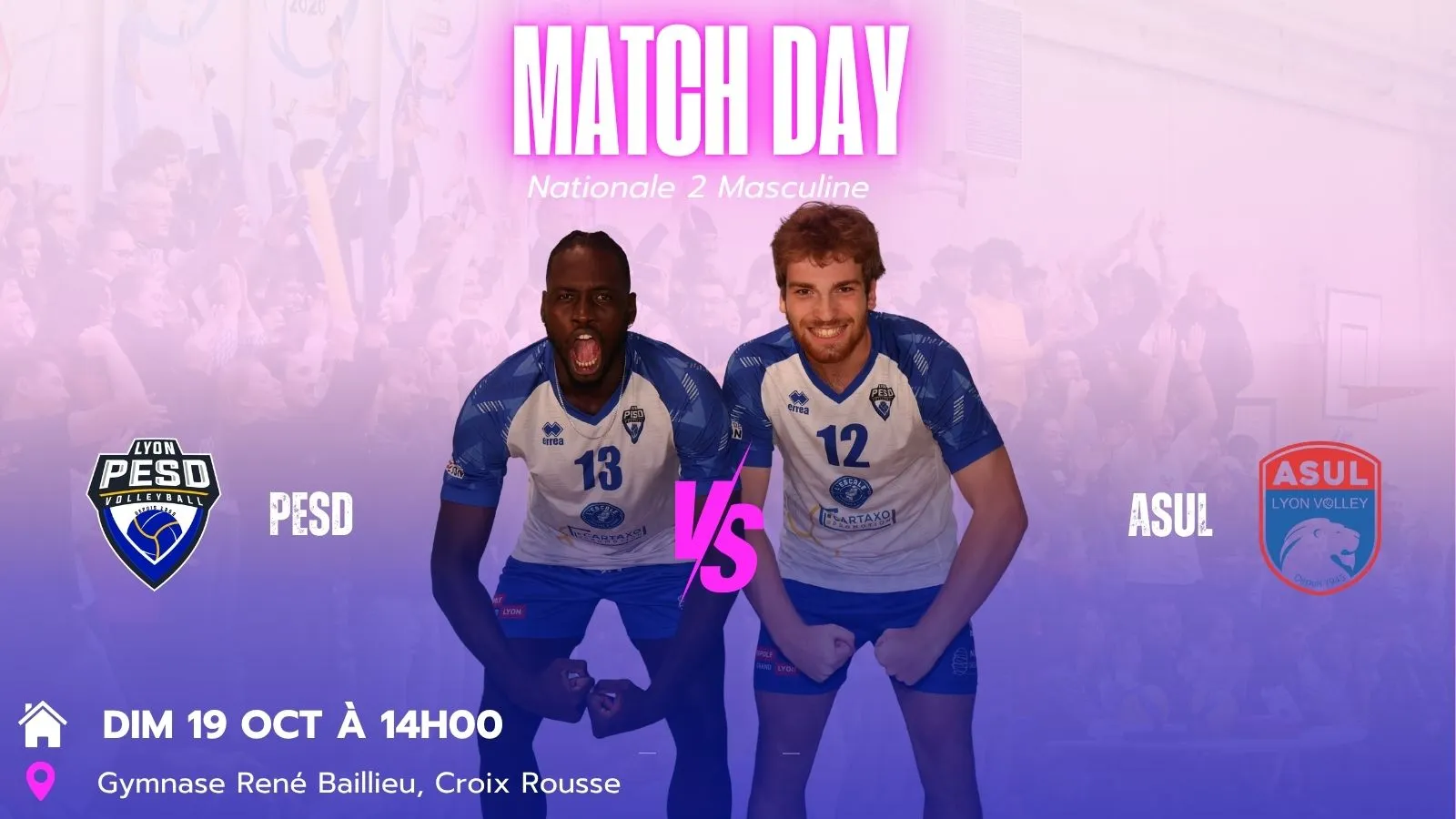 Deux joueurs de l’équipe N2 masculine du Lyon PESD, enthousiastes, serrent les poings ; l’un d’eux crie pour se motiver avant le prochain match.