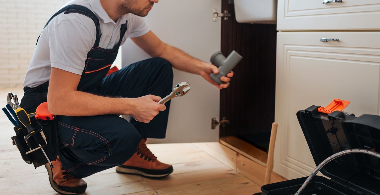 Plumber fixing a leak under a kitchen sink