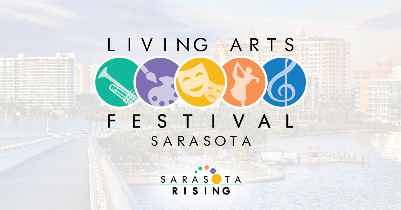Promotional graphic of the Sarasota Living Arts Festival featuring an array of music and art icons