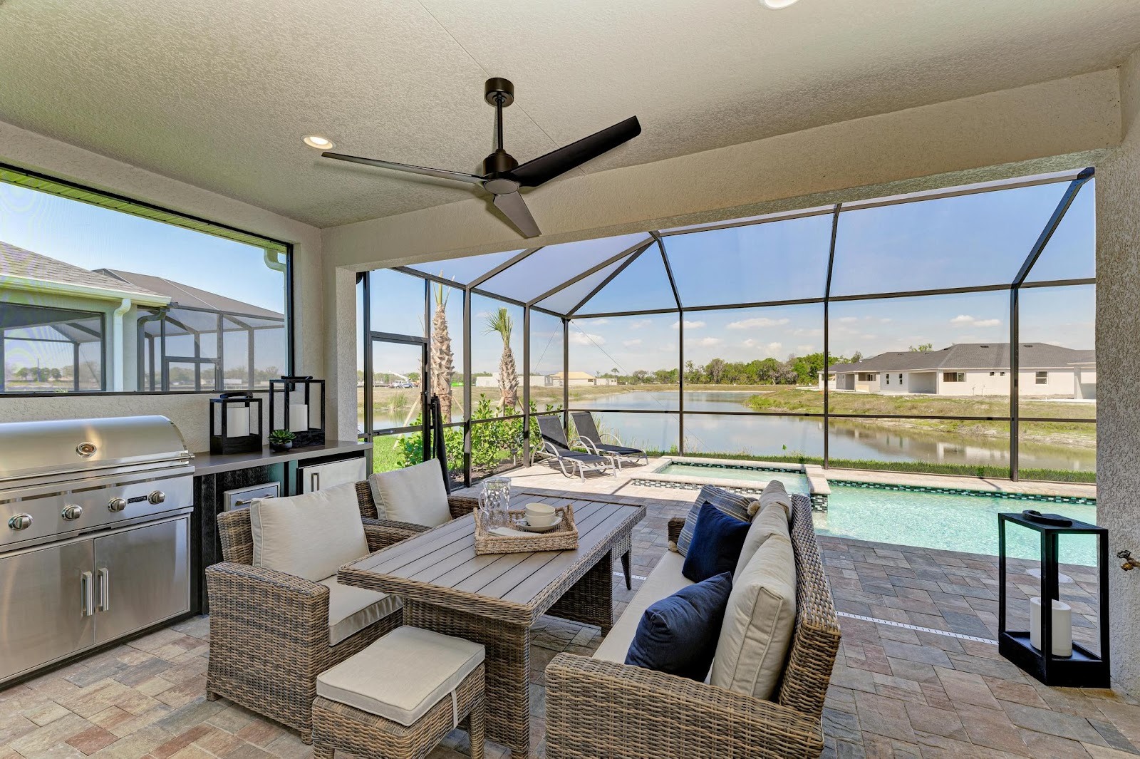 Fully furnished lanai and pool of the St. Thomas floorplan by Medallion Home