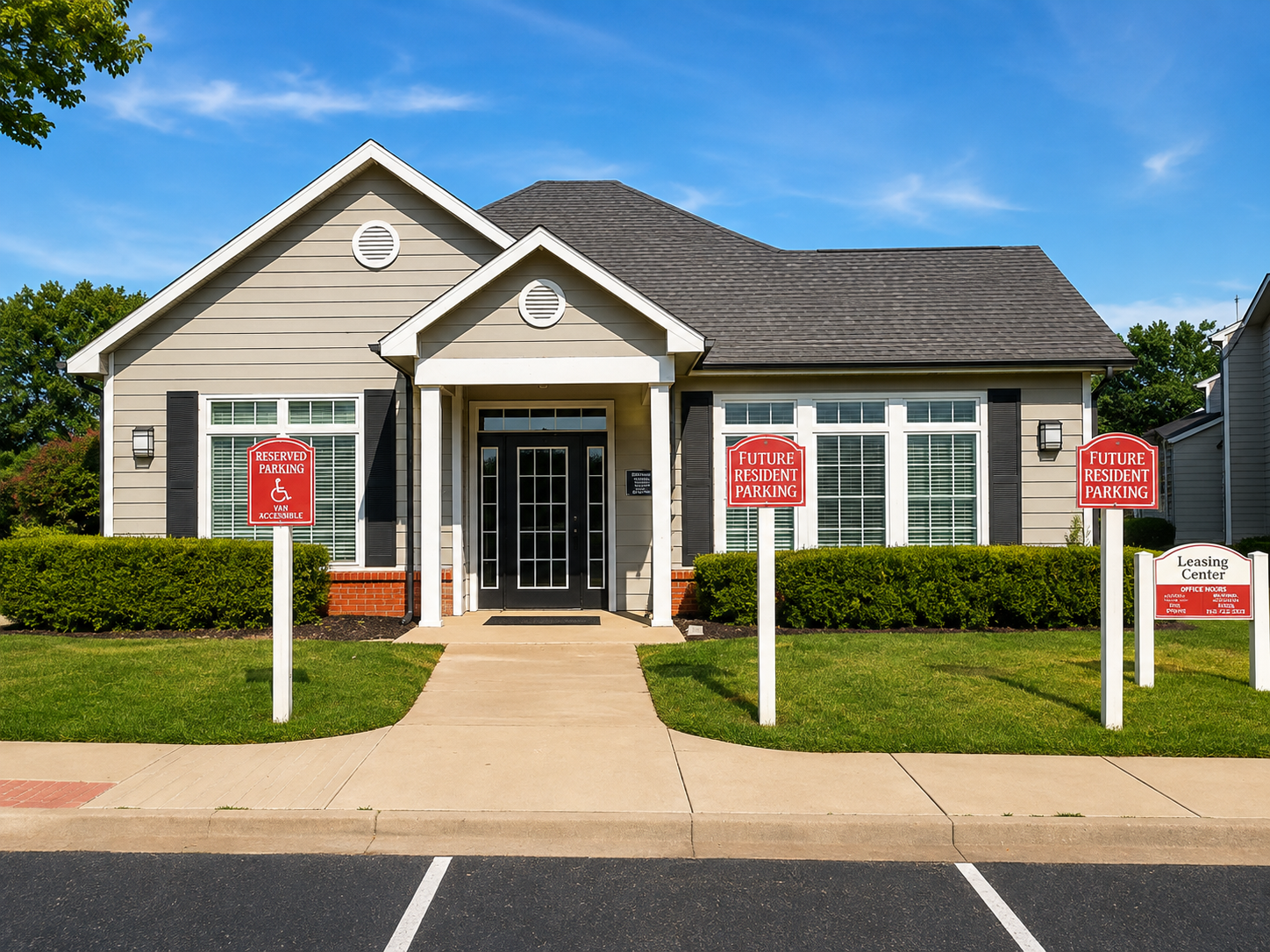 Exterior of leasing office with parking spots