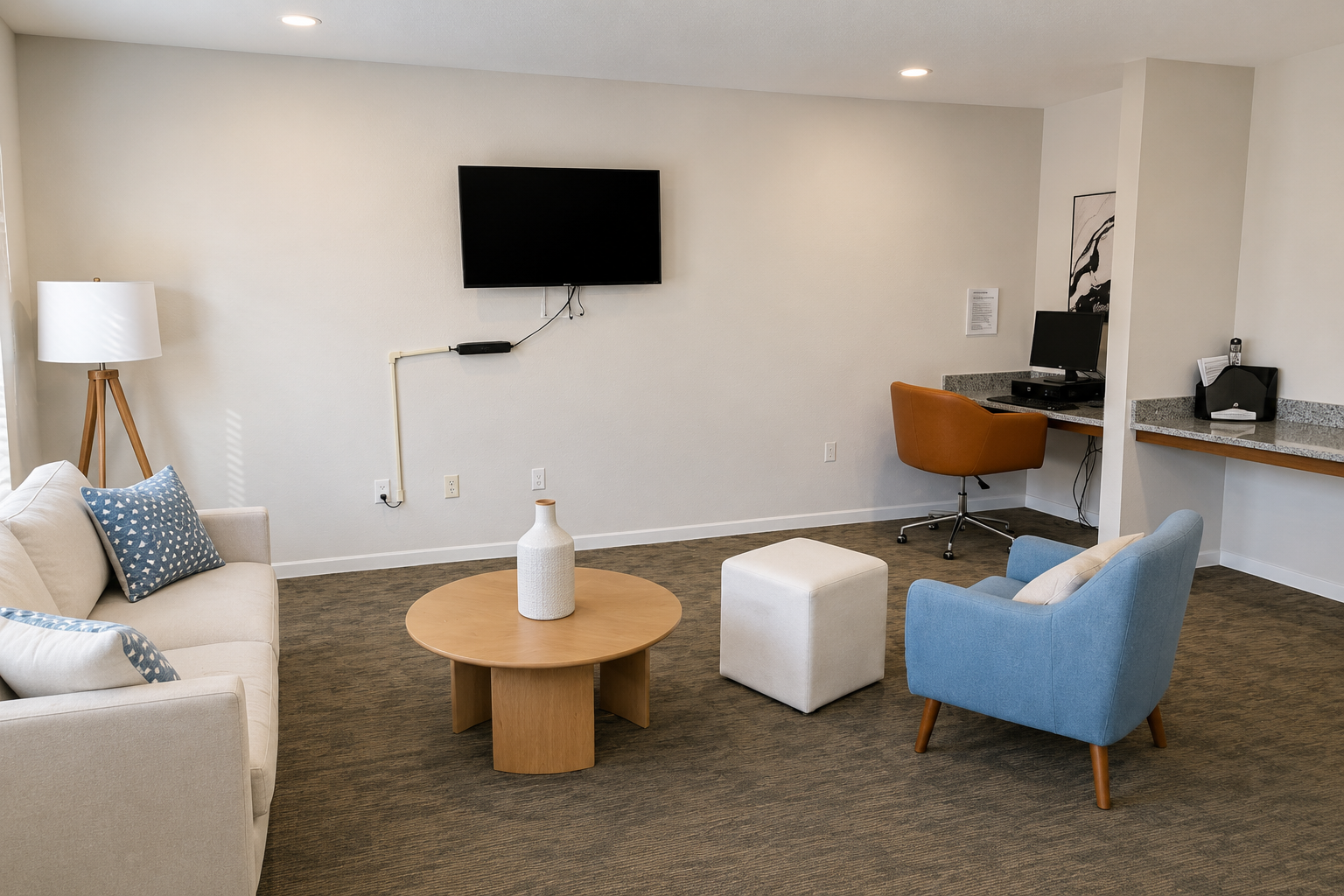 Community lounge with sofas and tv