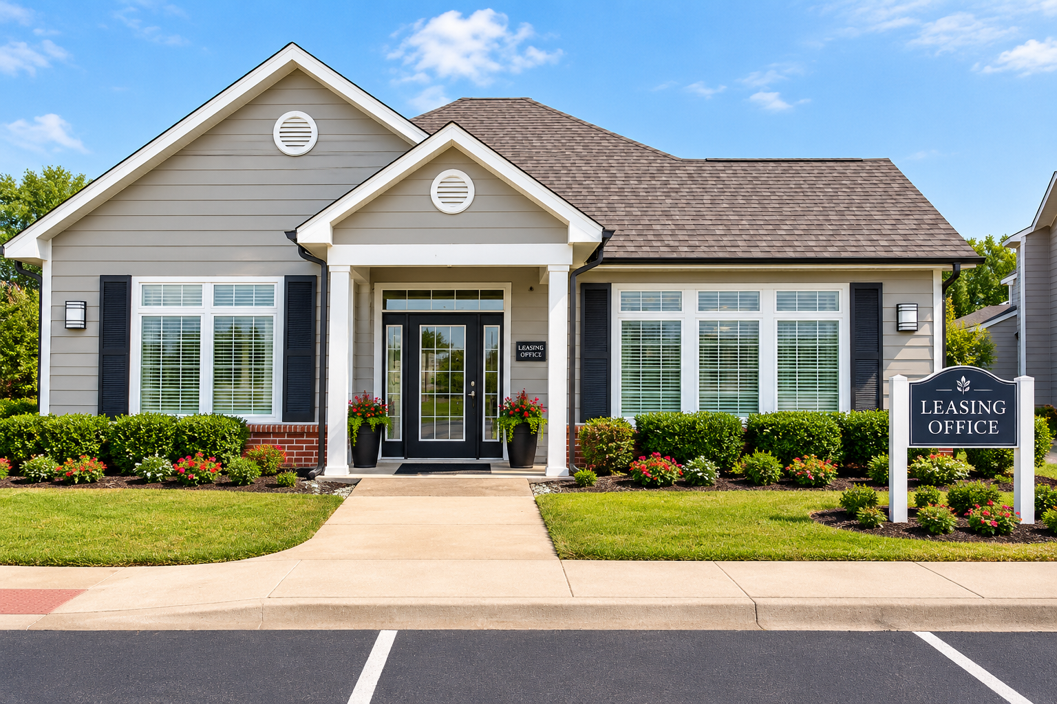 Exterior of leasing office with parking spots