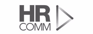 Logo with bold letters HR and COMM beside a right-pointing triangular play icon.