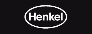 Henkel logo with white text inside a white oval on a black background.