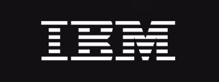 IBM logo with white horizontal stripes on black background.