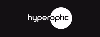 Hyperoptic company logo with white text and white circle on a black background.