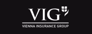 VIG Vienna Insurance Group logo with text and a stylized flower symbol on black background.