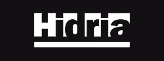 White Hidria logo with an underline on a black background.