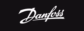 Danfoss brand logo in white script on black background.