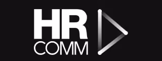 White HR COMM text with a triangular play button icon on a black background.