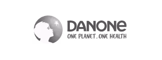 Danone logo with globe and silhouette of a person's face alongside the slogan One Planet One Health.
