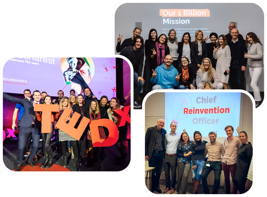 Three groups of people posing for photos, one holding TEDx letters, one under a 1 Billion Mission sign.