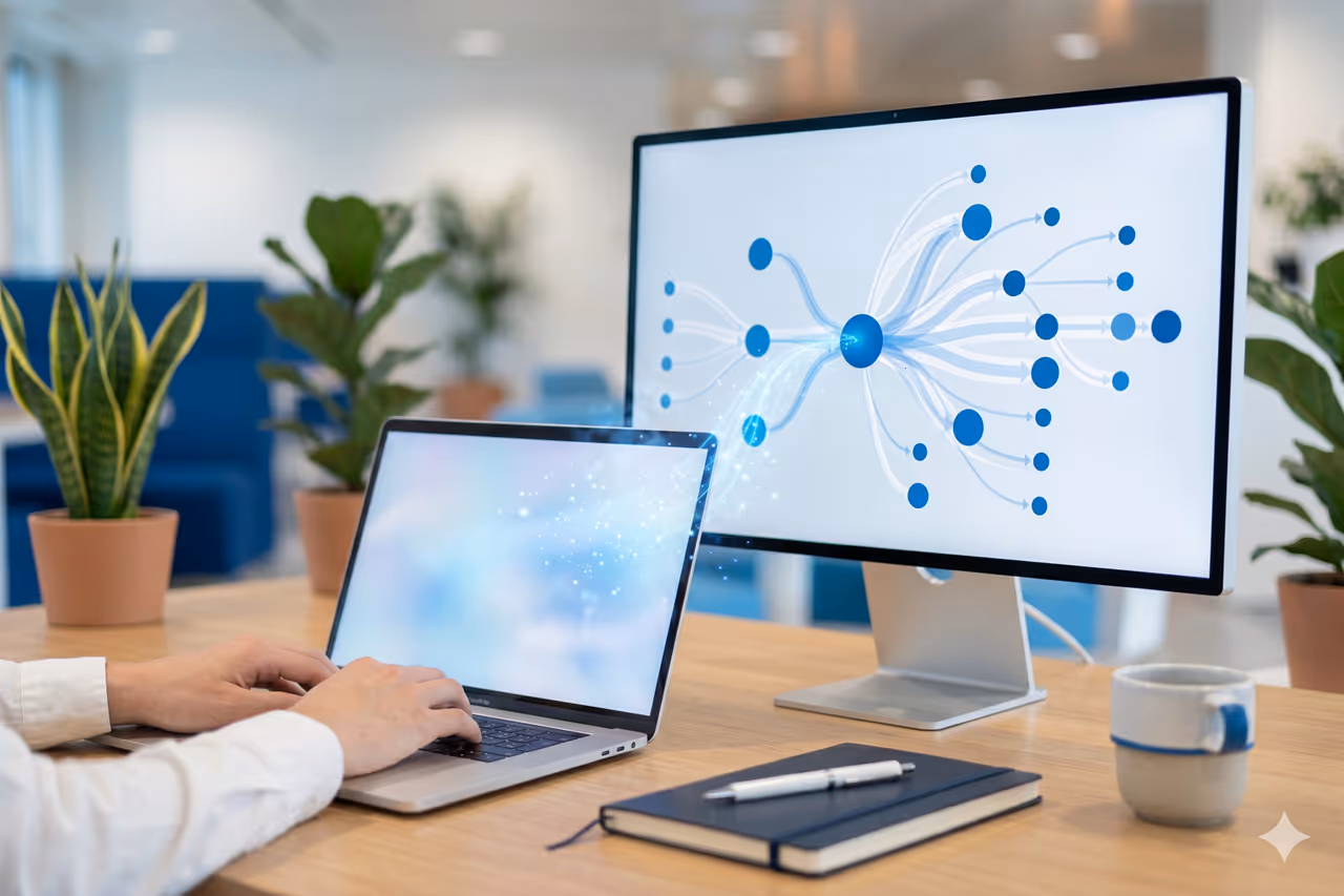 Poste de travail avec interface d'intelligence artificielle et visualisation de réseau de données