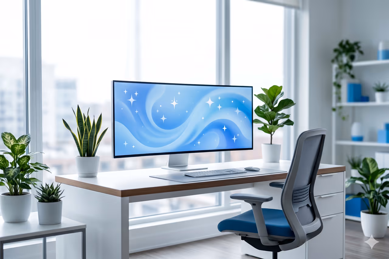 Écran affichant une interface créative d'intelligence artificielle dans un bureau moderne