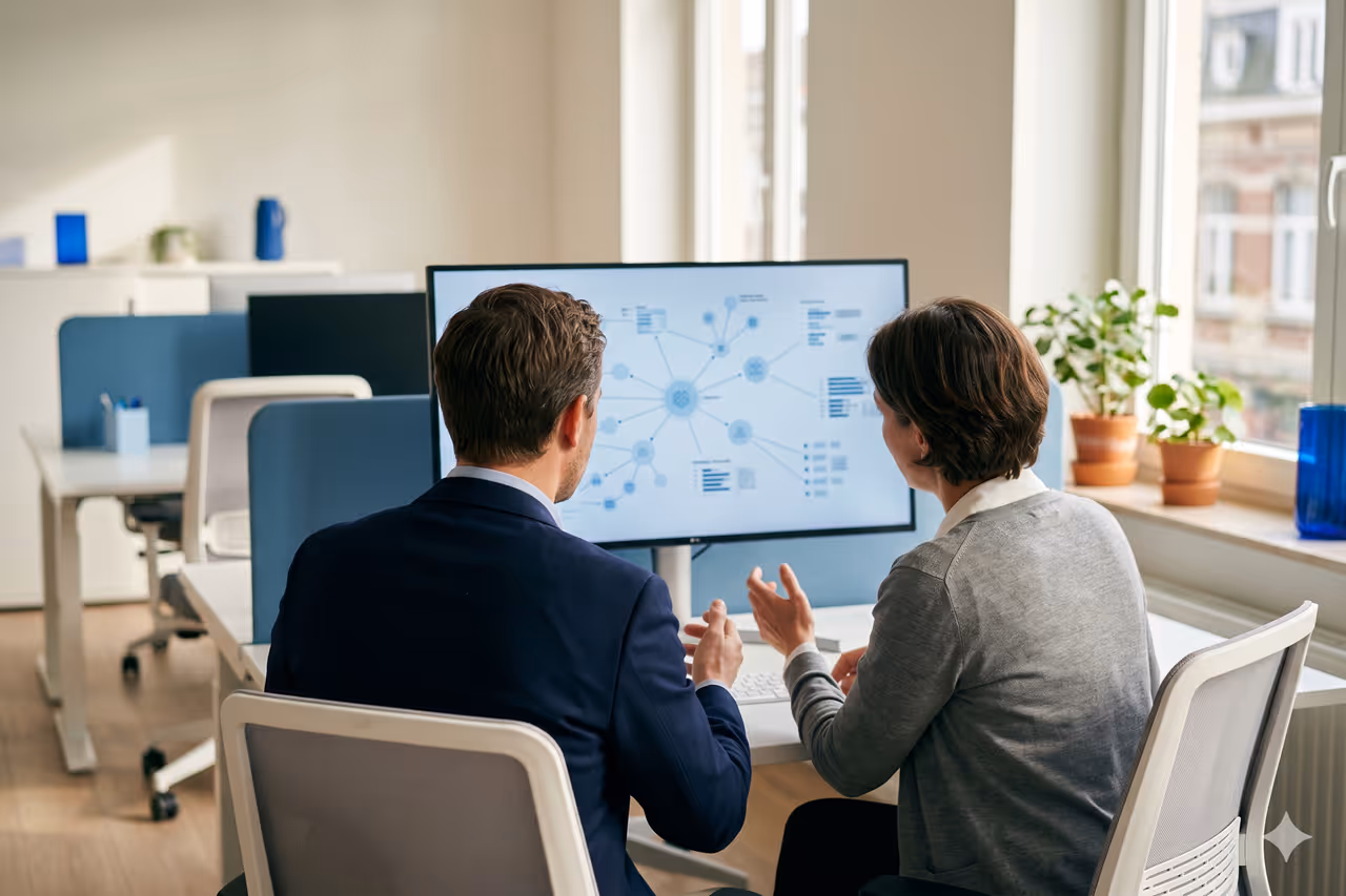 Réunion stratégique IA devant un écran affichant un réseau de connexions intelligentes