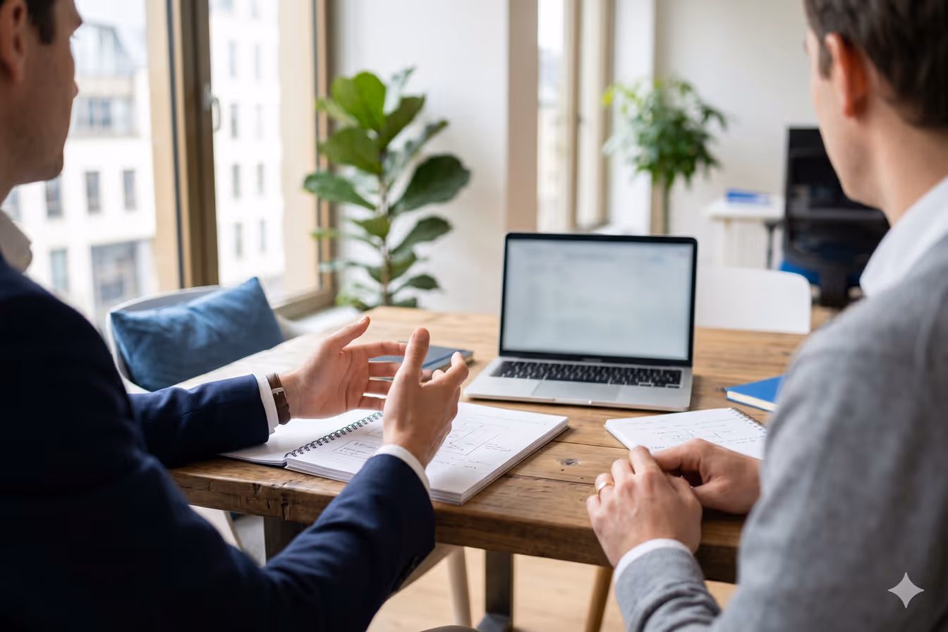 Partenaire qui comprend votre métier : Deux professionnels échangeant autour d'une table de travail dans un bureau bruxellois moderne
