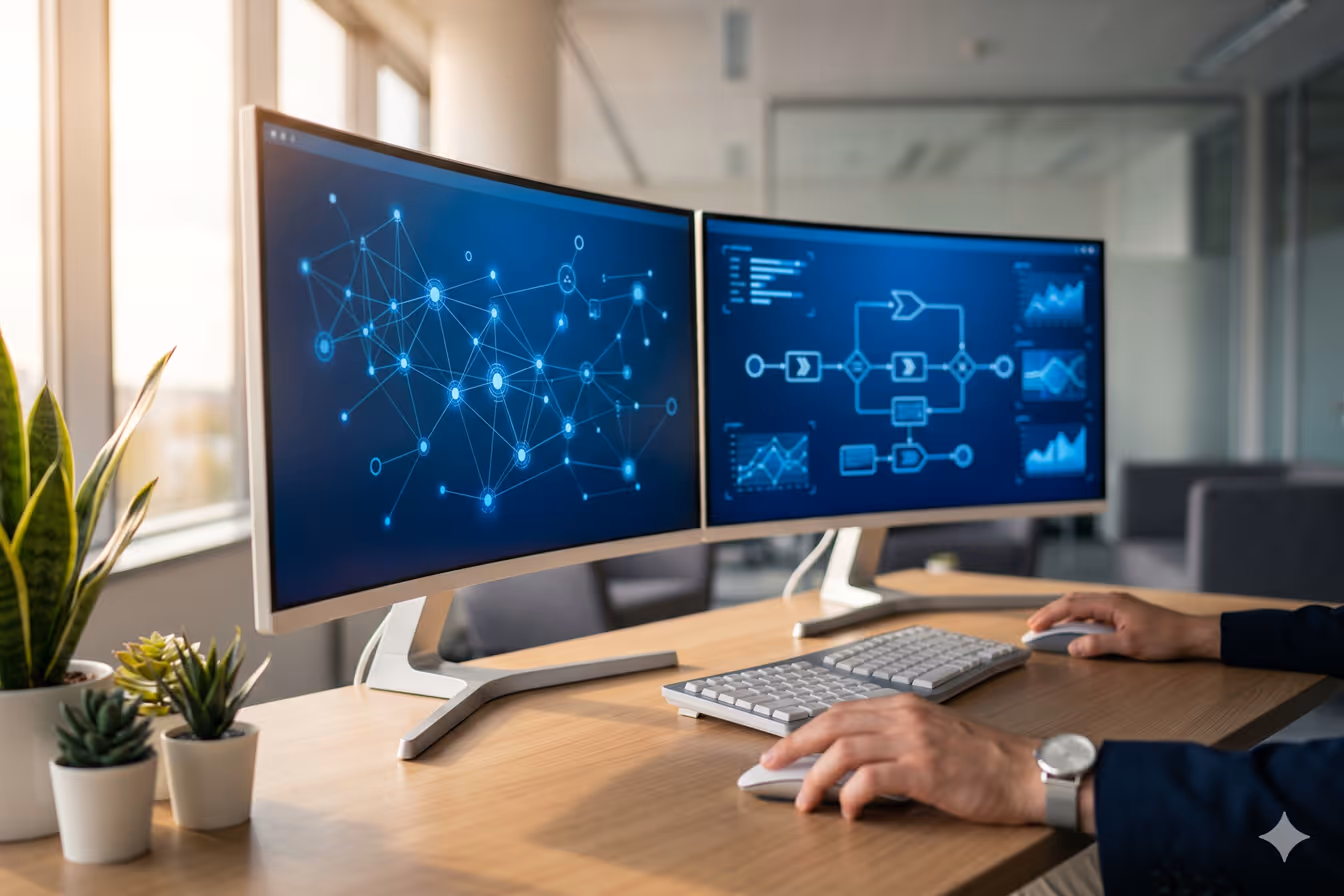 Solutions intelligentes livrées avec soin : Double écran affichant des tableaux de bord et workflows d'automatisation IA
