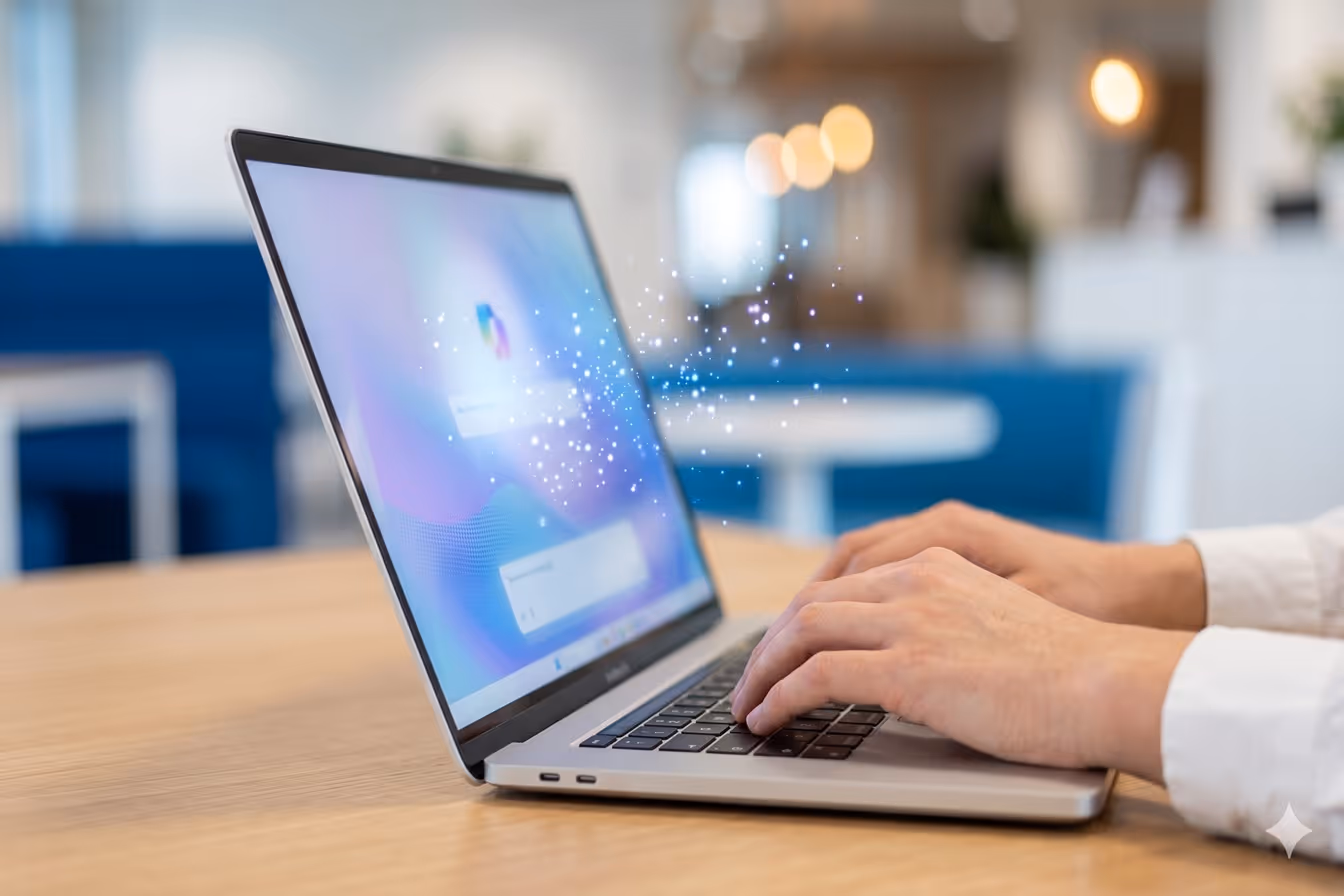 Microsoft 365 Copilot en action sur un ordinateur portable dans un bureau professionnel