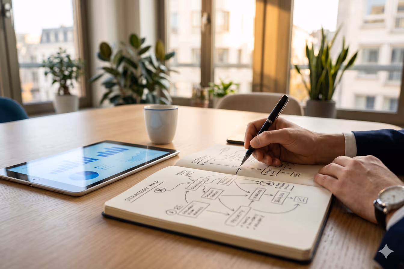 Audit IA et feuille de route stratégique sur carnet de notes avec tablette analytique