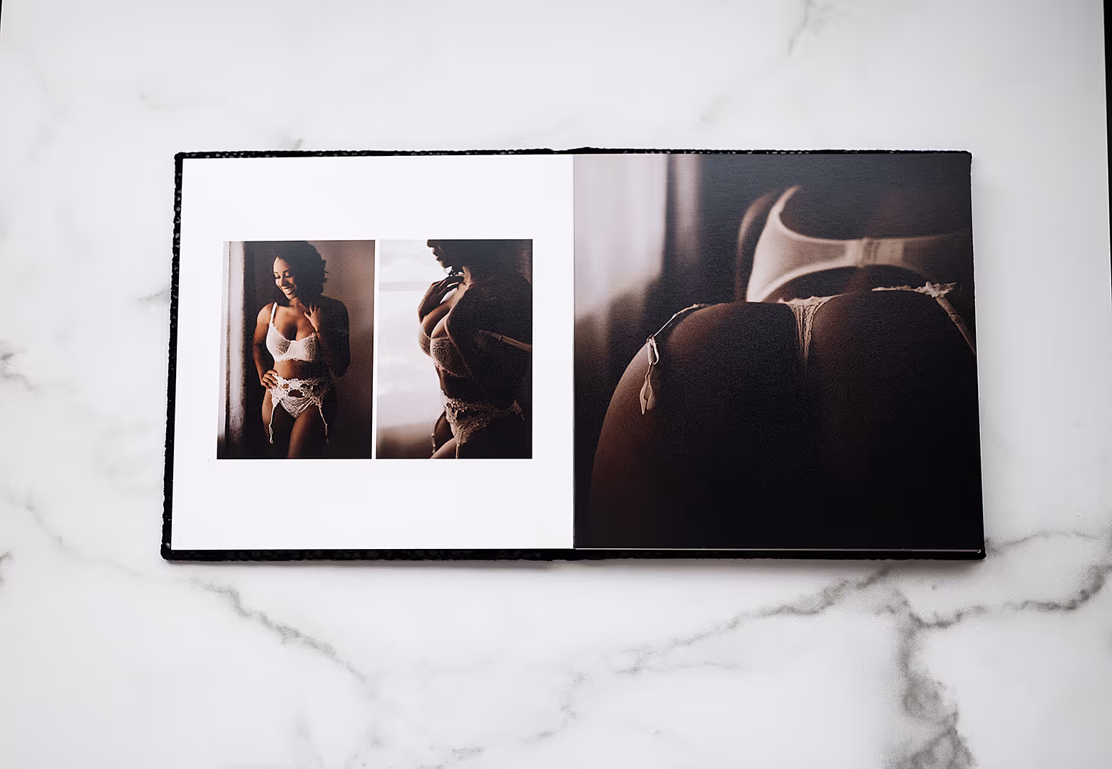 album opened to show three images of a woman in white lingerie 