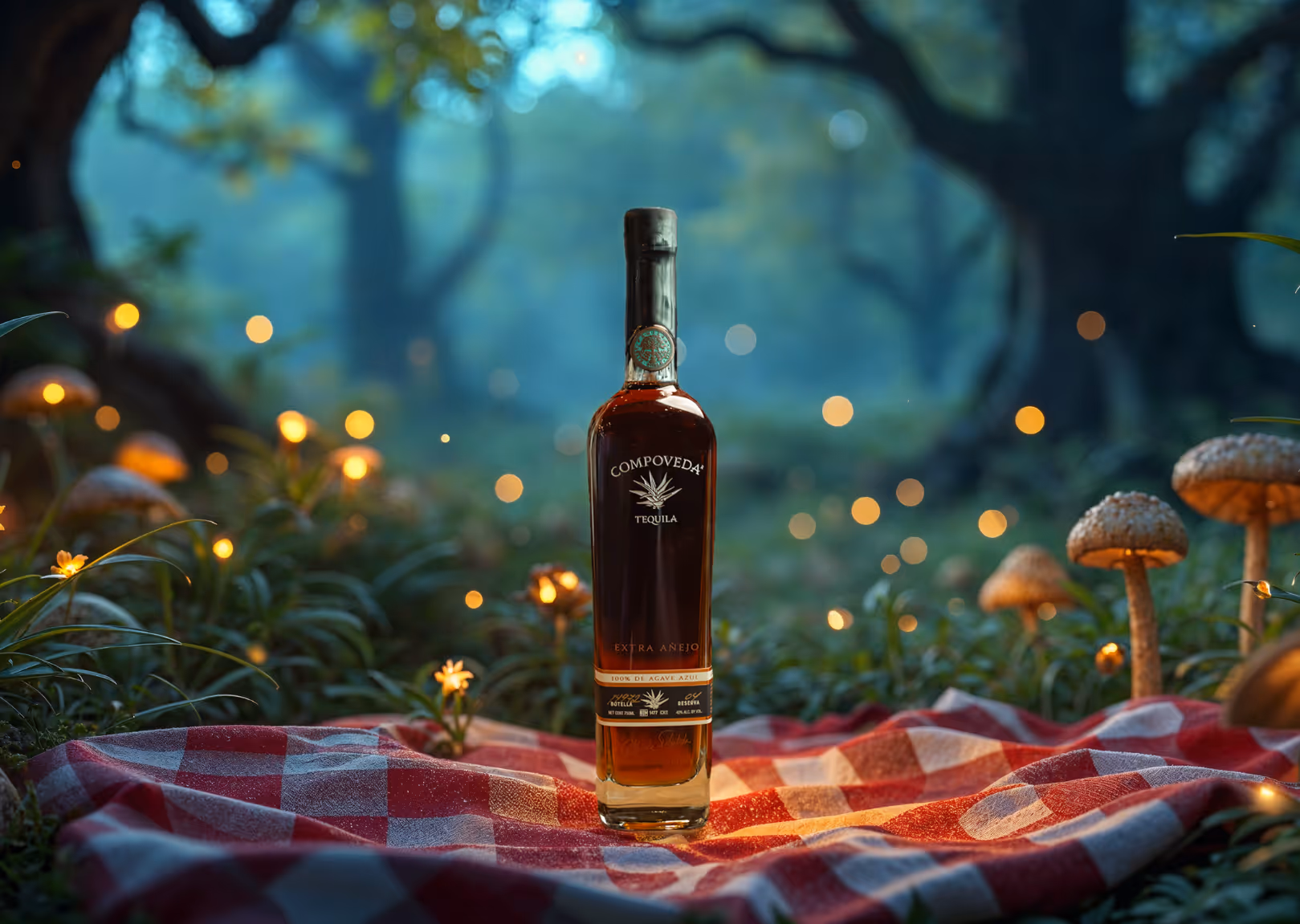 A fantasy scape image with a bottle of tequila