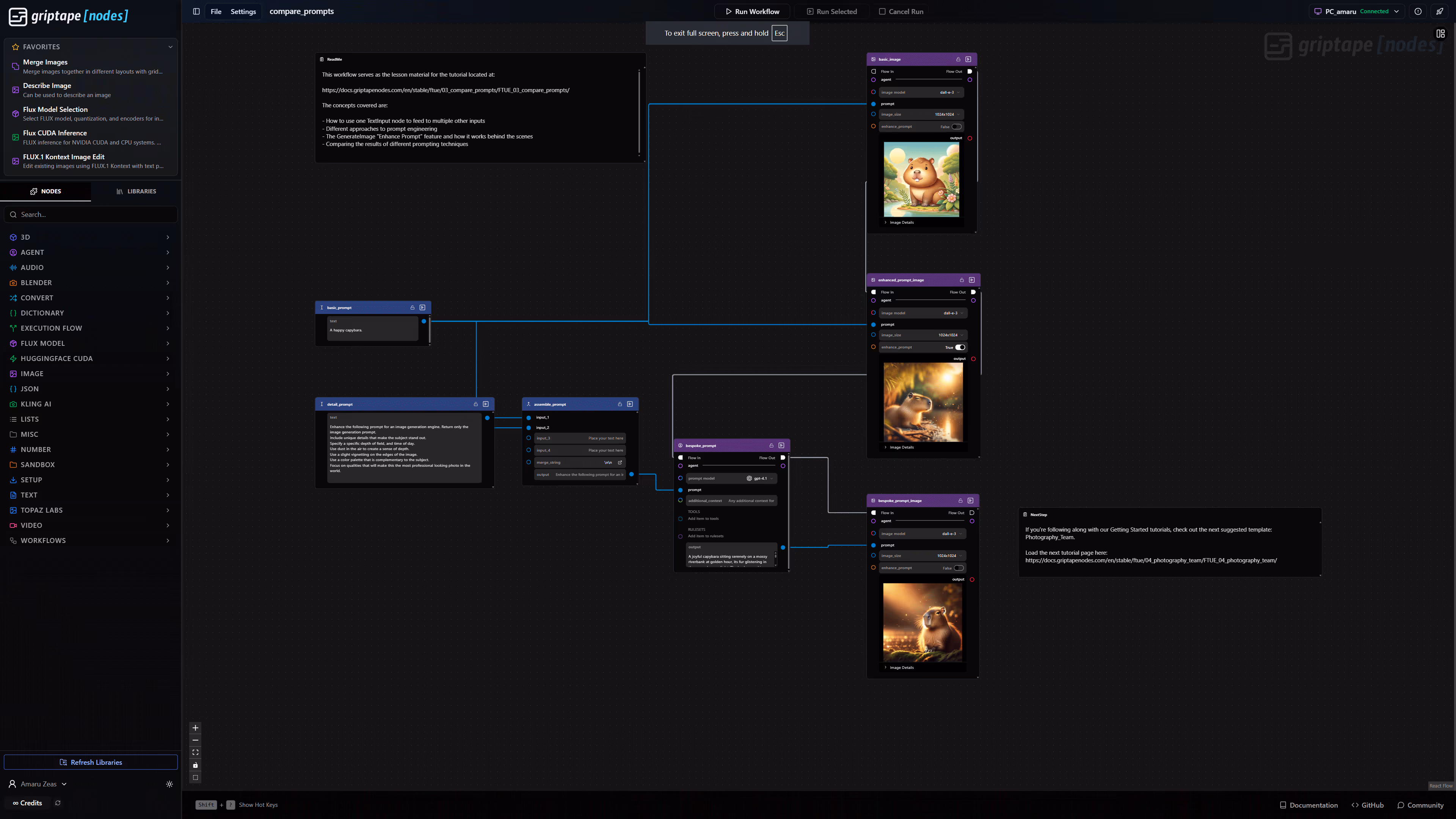 Griptape Nodes interface showing a node workflow for image generation prompts with interconnected nodes and example images of a happy capybara and a joyful capybara sitting on money.