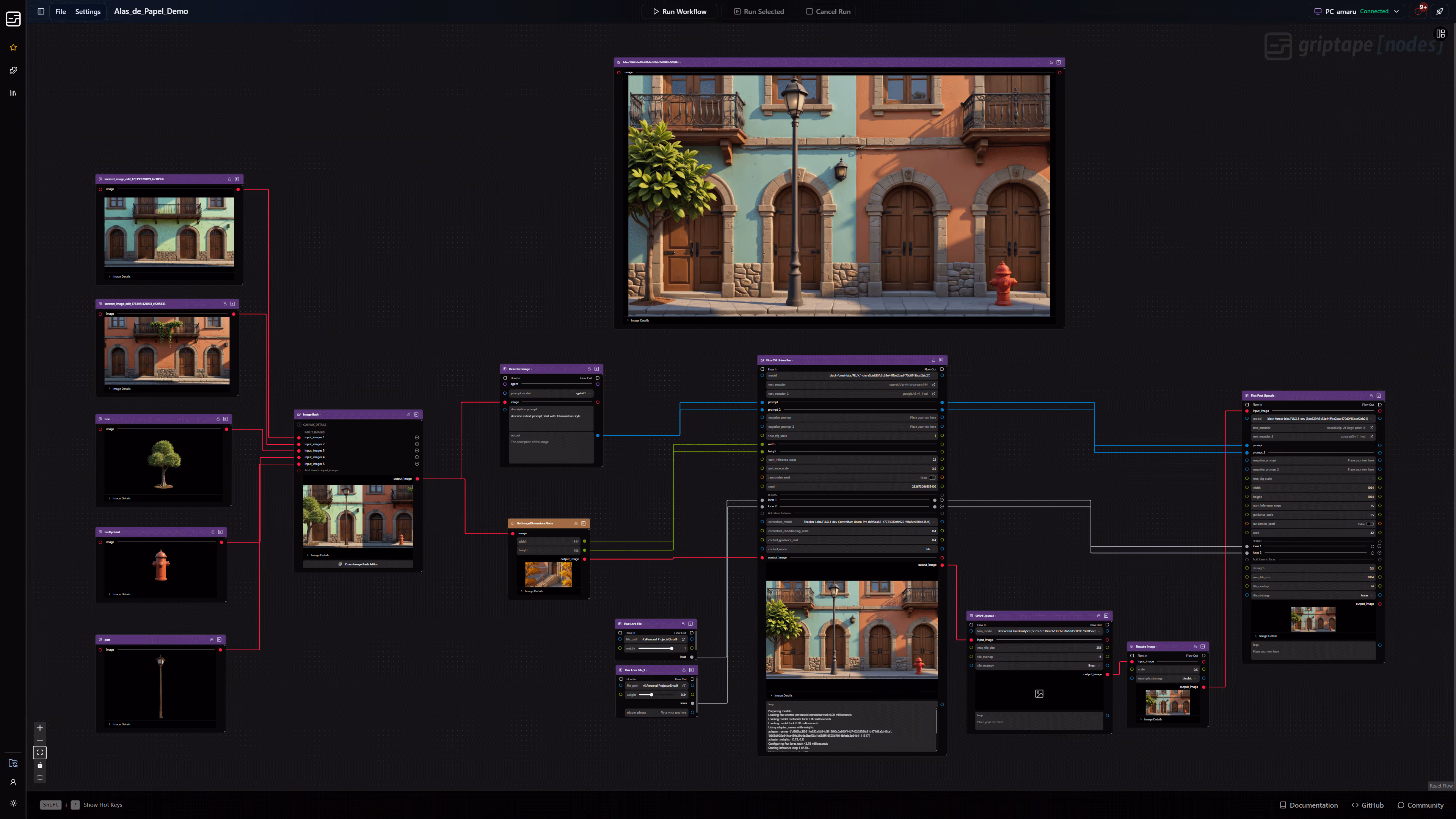 User interface displaying a node-based workflow with interconnected blocks for image processing and AI prompt settings, featuring images of buildings, a tree, fire hydrant, and streetlamp on a dark background.