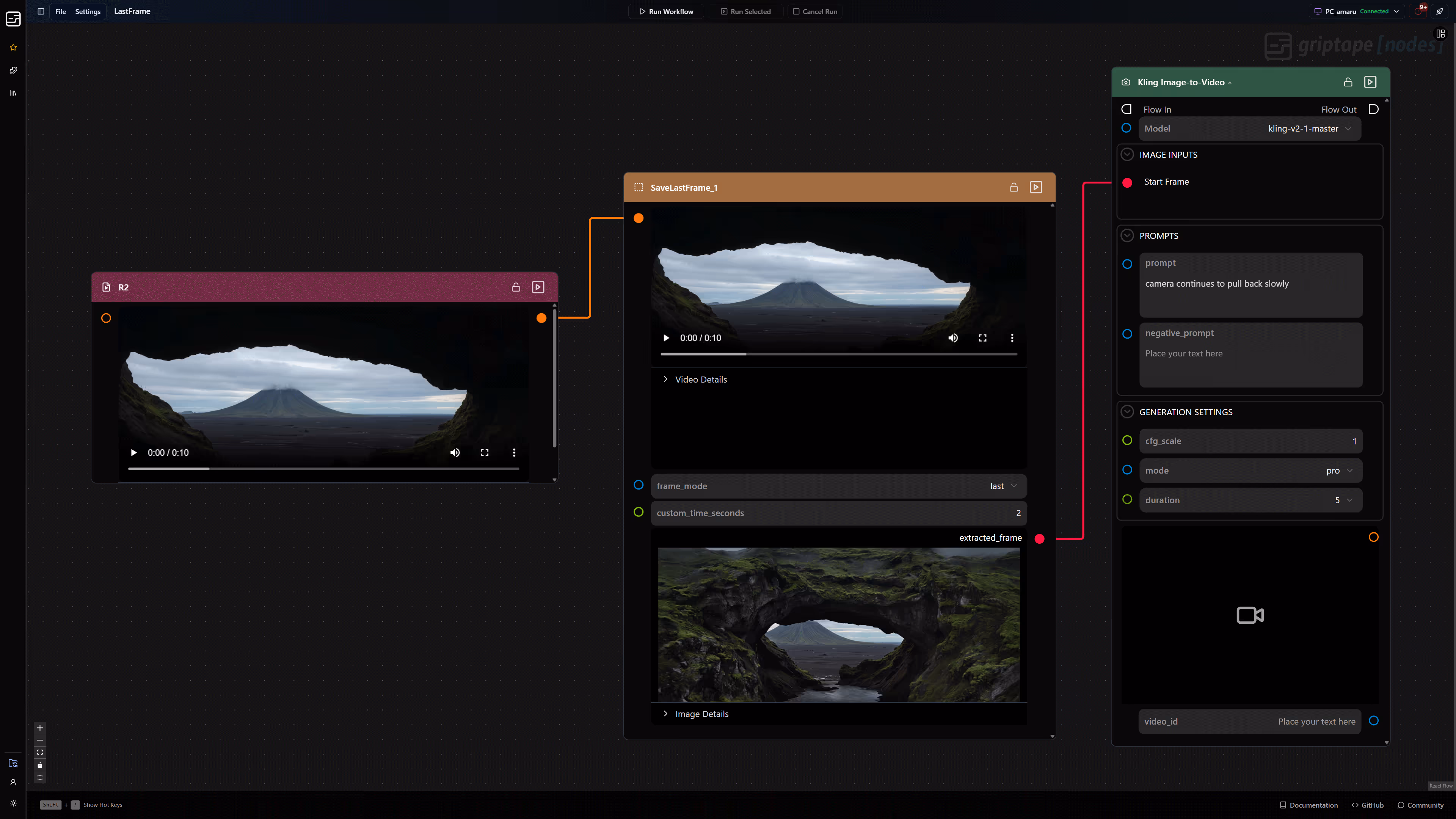 Workflow interface showing video editing nodes including a cave opening framing a distant mountain with cloudy sky.