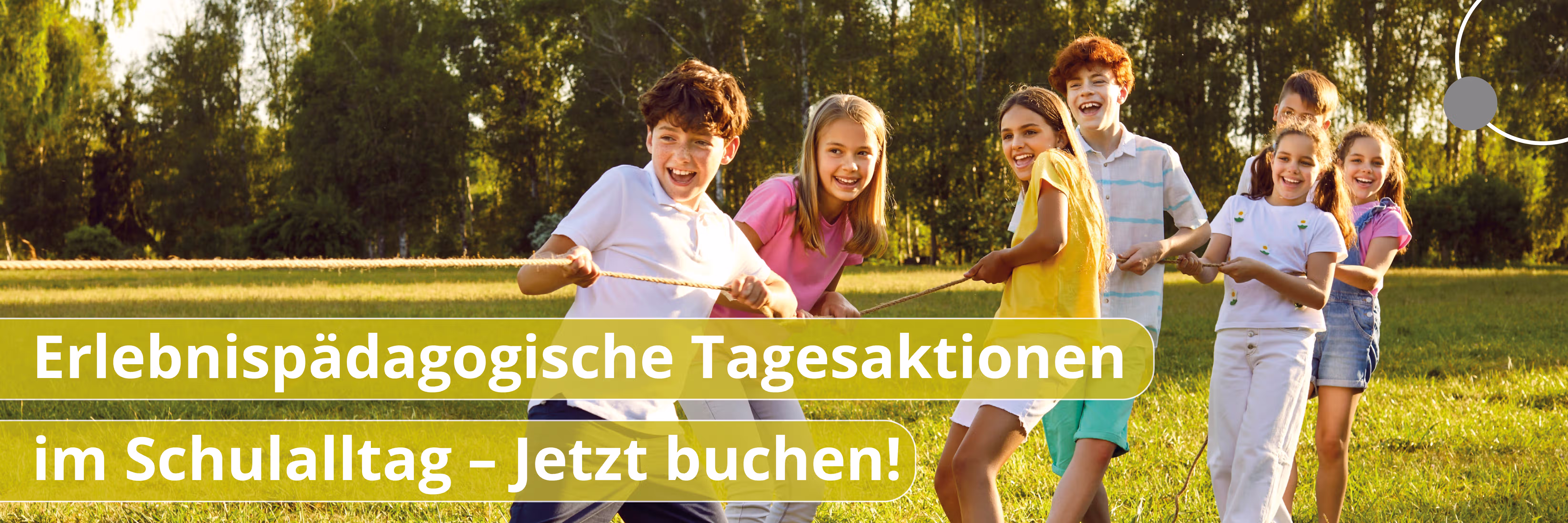 Sieben Kinder spielen im Freien Tauziehen auf einer Wiese mit Bäumen im Hintergrund.